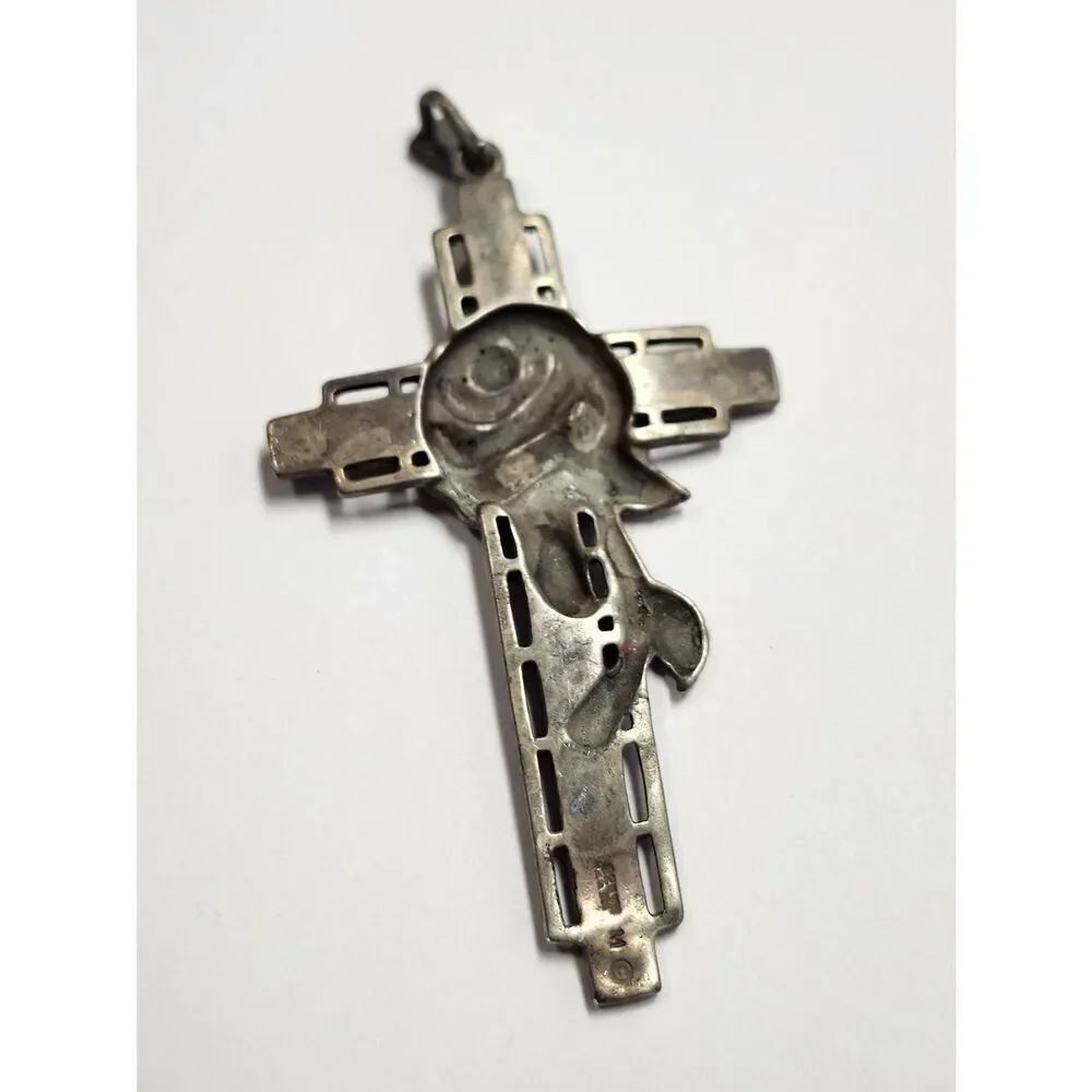 Vintage Sterling Silver Large Rose Cross Pendant Marcasite Oxidized - Picture 2 of 7